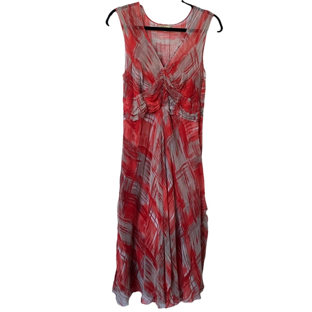 Cathaya Red Grey Abstract Silk Ruched V-Neck Midi Dress Size 12 Y2K Fairy